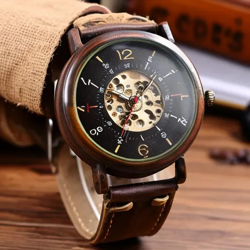 Prompt: vintage wrist watch for man, mix with other essential items, high quality