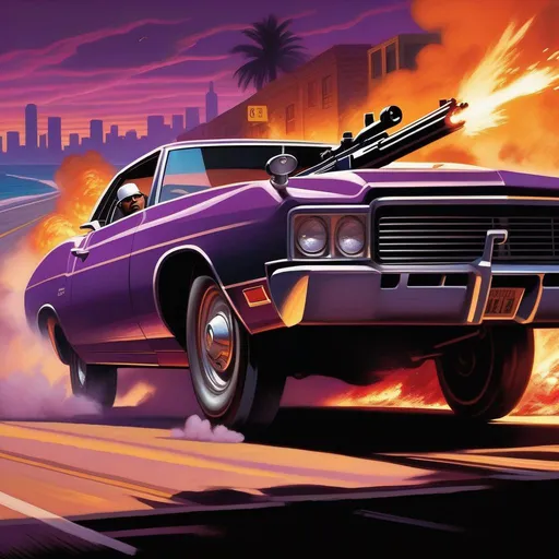 Prompt: GTA cover art, latina woman with guns, explosions, car chase, cartoony, dark purple atmosphere, extremely detailed painting by Greg Rutkowski and by Henry Justice Ford and by Steve Henderson