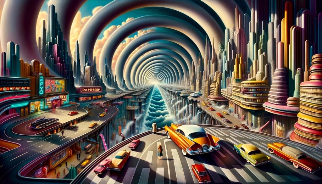 Prompt: surreal manipulation of viewpoint of retrofuturistic 1950s movie in wide ratio