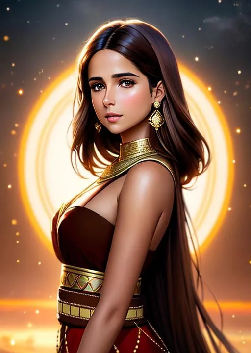 Prompt: portrait of Brown Hair Beautiful naomi scott with Air Magic, parted bangs, Elegant, Romantic, wearing tribal cueitl outfit, HDR, full body, High Definition, cinematic,  royal setting , dynamic light, tan skin, hyperrealism, definition, glowing eyes, facial symmetry  by Ilya Kuvshinov starry,