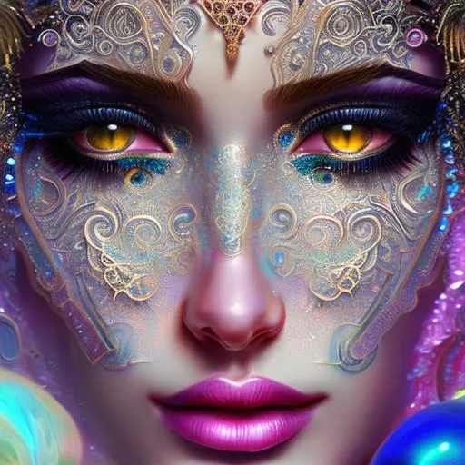 Prompt: Intricately detailed front facing photograph of An elaborate beautiful bubble woman goddess glossy lipstick intricate glistening skin face bright eyes prismatic jelly blue pink clear dress long hair hyperdetailed painting by Ismail_Inceoglu Tom Bagshaw Dan Witz CGSociety ZBrush Central fantasy art 4K, bubbles in background digital painting, digital illustration, extreme detail, digital art, ultra hd, vintage photography, beautiful, tumblr aesthetic, retro vintage style, hd photography, hyperrealism, extreme long shot, telephoto lens, motion blur, wide angle lens, deep depth of field, warm, anime Character Portrait, Symmetrical, Soft Lighting, Reflective Eyes, Pixar Render, Unreal Engine Cinematic Smooth, Intricate Detail, anime Character Design, Unreal Engine, Beautiful, Tumblr Aesthetic,  Hd Photography, Hyperrealism, Beautiful Watercolor Painting, Realistic, Detailed, Painting By Olga Shvartsur, Svetlana Novikova, Fine Art