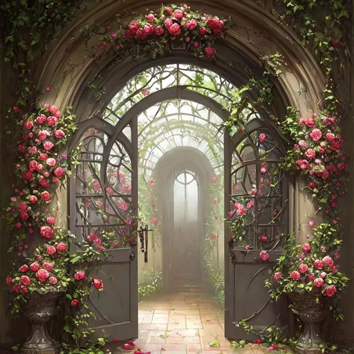 Prompt: "Old arched door covered in roses and vines, beautiful, mist and rain, very intricate and hyper-detailed oil painting by Daniel F Gerhartz, Clint Cearley, Eve Ventrue, gorgeous, swirling ornamentals, fluid acrylic, elegant gradients, photorealistic, masterpiece, inviting, trending on Artstation, rich colors"