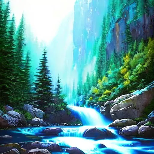 Prompt: The magnificent waterfall cascaded down the rocky mountain, nighttime, shimmering in the moonlight above. The water rippled and flowed, creating a delicate, glistening mist that enveloped the rocks and trees around it. The sound of the water was hypnotic, and the way it danced and sparkled in the moonlight was truly enchanting. The mountain stream below flowed calmly, the water crystal clear, reflecting the moon's glow, and completing the picturesque scene.