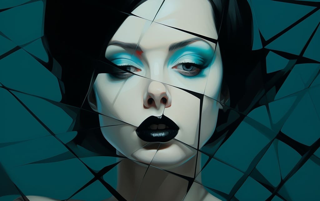 Prompt: digital art the world s most famous digital artist, in the style of geometric surrealism, airbrush art, serene faces, grid, dark cyan and white, bold shadows, feminine imagery