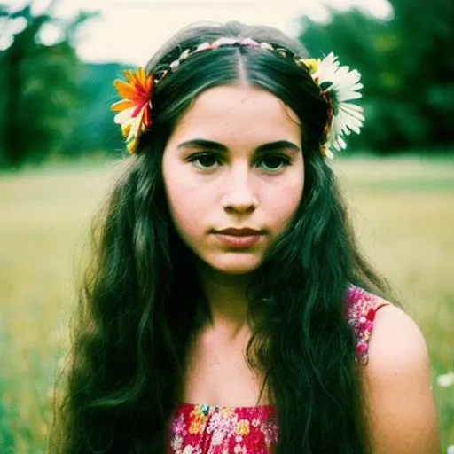 Prompt: A portrait of a 1960s hippie girl with flowers in her hair