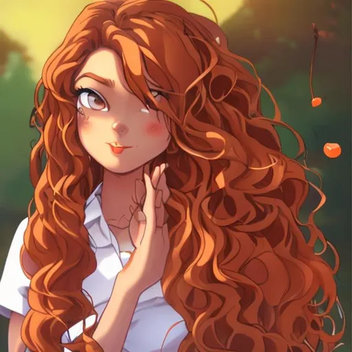 Prompt: Female, Anime, Peach Lips, Brown skin,  Looking at Front Viewer, Flipping hair, Carrot orange very long wavy hair,
 
