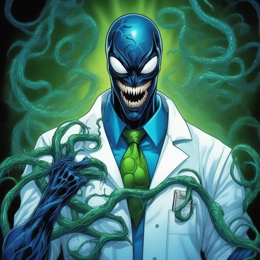 Prompt: vivid blue symbiote, vine patterns, lab coat, glowing venomous blue n green viness all around, nightmare fuel, Masterpiece, Best Quality, in cartoon style