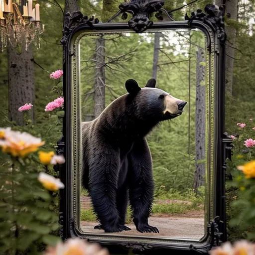 Prompt: High resolution black Bear in forest with an ornate vintage mirror, bear staring into mirror surrounded by flowers, first person perspective 