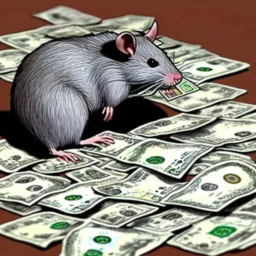 Prompt: Draw for me a rat counting dollar bills on the bed