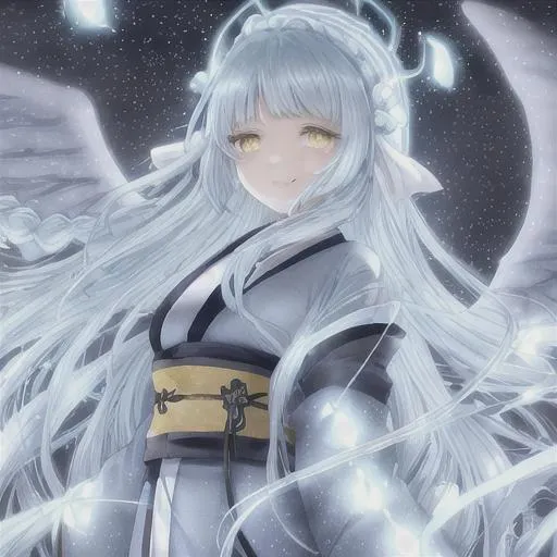 Prompt: Beautiful girl with long light blue hair in a braid. She has light yellow eyes smiling cutely. Wearing a completely dark blue kimono. At night. Her eyes glow in the dark. She is in a field of light yellow lilies. with willow trees in the back round. She has white fluffy angel wings on her back. She does not have wings on her head.