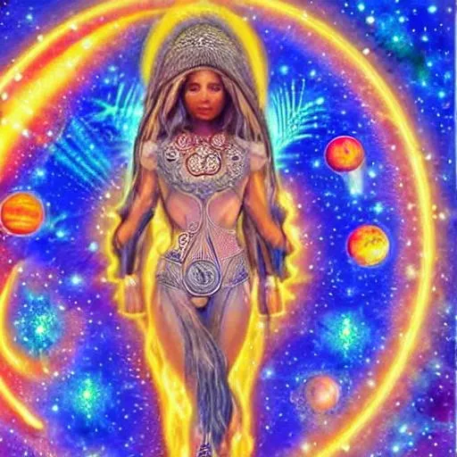 Prompt: a highly detailed spiritual, empowered woman in space with energy radiating from her body, stars and planets around.