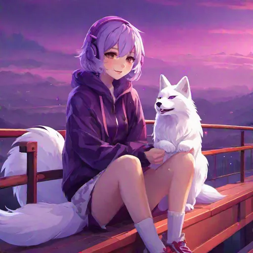 Prompt: insane, cute anime girl with purple, short, wavy hair sitting on a bridge with a fluffy, white and purple kitsune sitting on her lap, smiling, foggy background, zoomed out, aesthetic mask, scars, HD, 4K, vibrant purple colors that clash with dull background, the love of my life