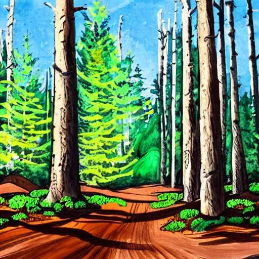 Prompt: deep muddy forest on a sunny day, dirt road, blooming, traditional gouache painting, spruce trees

