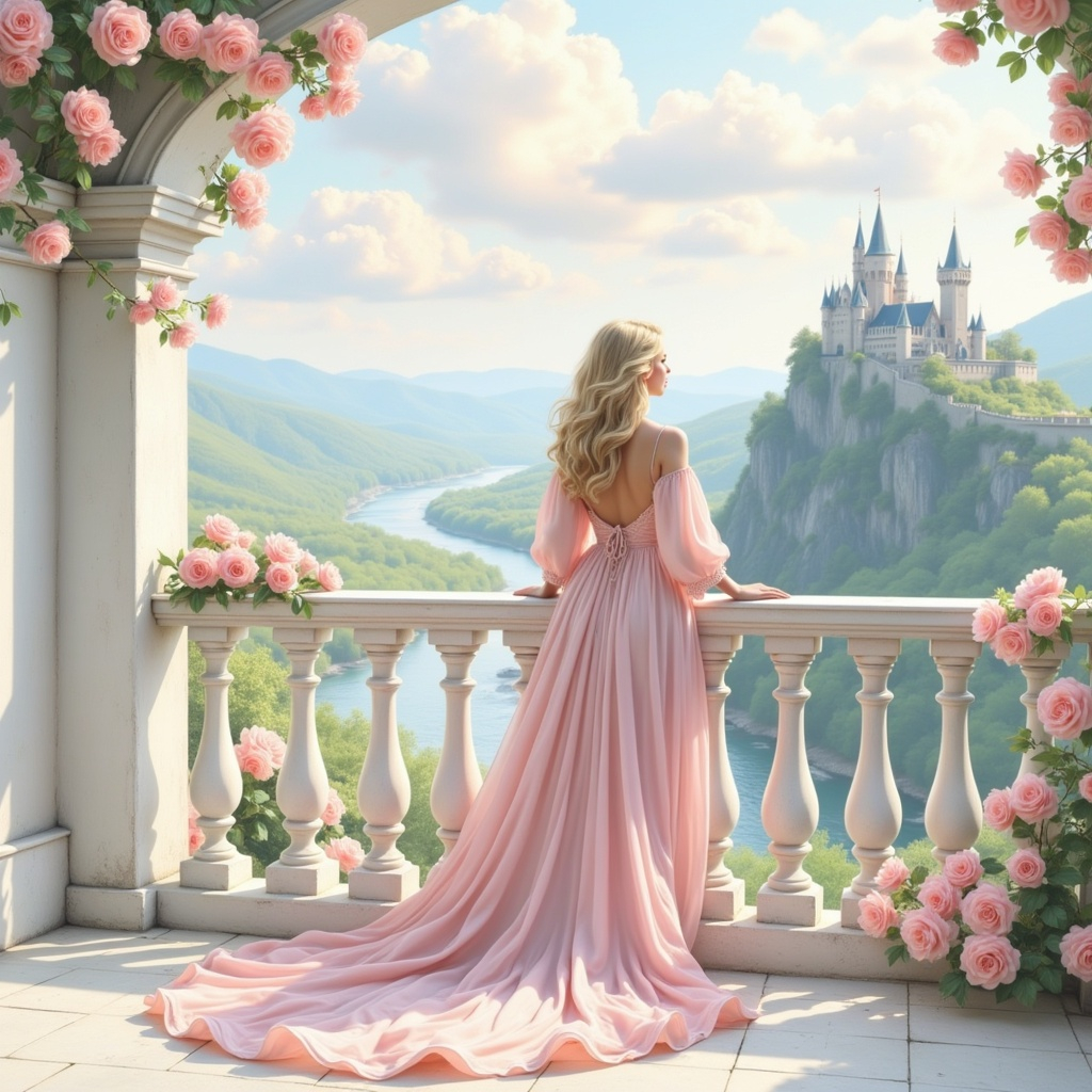 A graceful figure in a flowing pink gown stands on a...