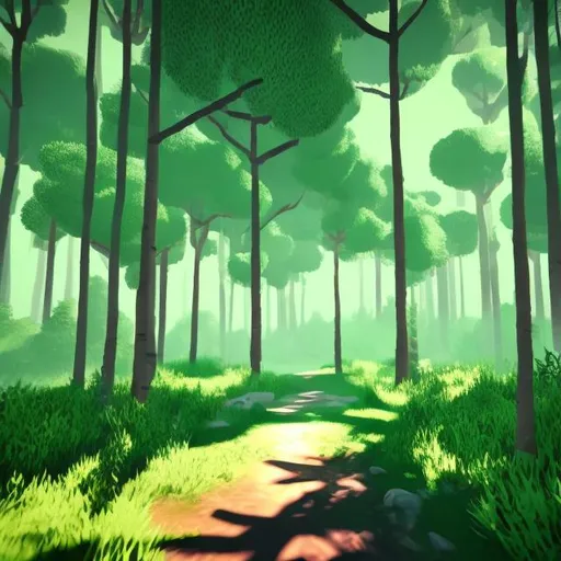 Prompt: Create in a video game colourful style a forest with light green trees