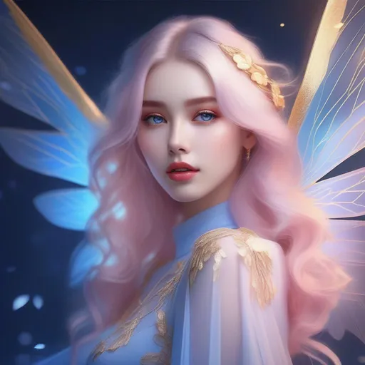 Prompt: beautiful delicate fairy delicate features, delicate body-length wings, golden atmosphere and lighting, blue hair, blue eyes, pink lipstick, turtleneck, blurred background 
