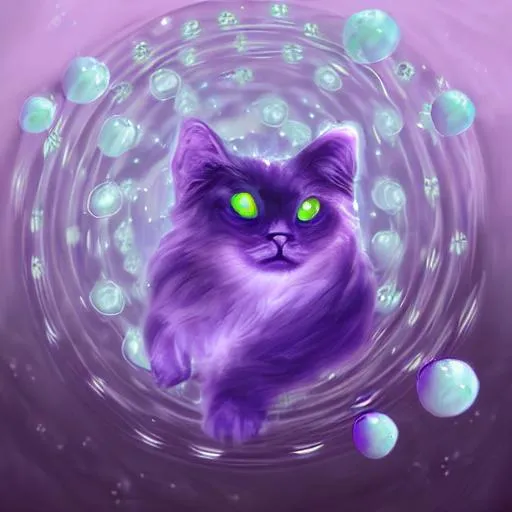 Prompt: purple coloured ghost cat with flying mystical orbs, digital art
