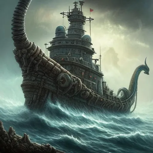 Prompt:  fantasy art style, painting, sea, smog, fog, deep ocean, Viking, ancient, waves, mist, flood, apocalypse, dystopian, warship, biological mechanical, war machine, tubes, pipes, warship, snake, serpent, eel 