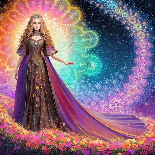 Prompt: hyperrealistic full body image, brown sky,
beautiful Ottoman mature woman with long blonde julia sets fractal balayage hair, large chest, doing magic, wearing full color mandelbrot fractal on full color voronoi dress, cute, fibonacci flowers, aesthetic, pastel, fairycore, disney, pixar, moon, stars, witchcraft, in a starry full color lorenz fractal in voronoi pastel sky, garden, sweet, dreamy, award winning illustration, artstation, highres, hyperrealistic, very beatiful face, very beatiful eyes, celestial, sci-fi, fantasy, cottagecore, tarot card style, art nouveau