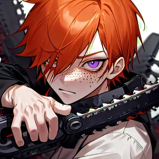 Prompt: Erikku male adult (short ginger hair, freckles, right eye blue left eye purple) 8K, Highly detailed, insane detail, best quality, high quality, holding a chainsaw