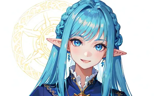 Prompt: 1 girl, happy, cheerful, smiling, queen, highly detailed blue eyes, highly detailed face, innocent looking, regal looking, regal, 8k UHD, young girl, pointy ears, divine, highly detailed blue dress, long sleeved, anime, long dress, fully clothed, fantasy kingdom backdrop, highly detailed back braided silver hair, slight front bangs, scenic view landscape, magical feel, aerial view, idyllic, overhead shot, determination