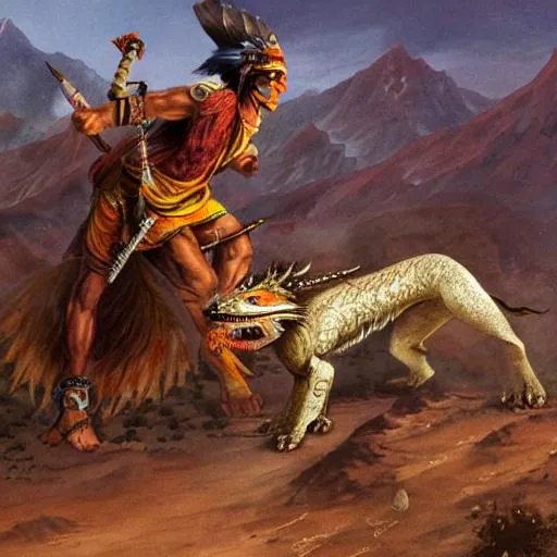 Prompt: Indian warrior hunting a dragon wolf chimera in sierra desert 