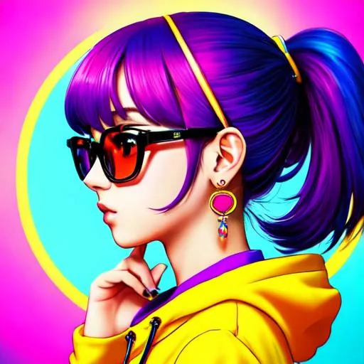 Pop girl, big earrings, profile, colorful hoodie, glasses - Prompt