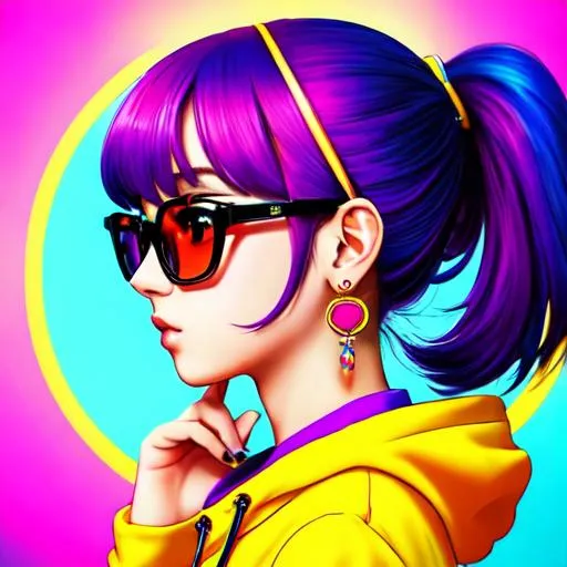 Pop girl, big earrings, profile, colorful hoodie, glasses - Prompt Genius