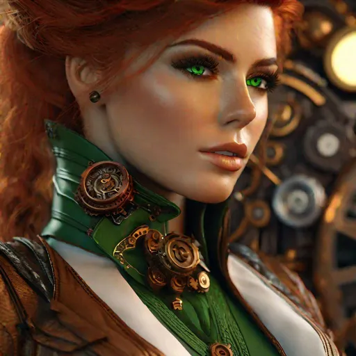 Prompt: A hyper realistic extremely detailed very close up steampunk woman. Woman has red hair and green eyes,  highly detailed, professional, render, Sharp focus, HD, UHD, HDR, hyperrealistic