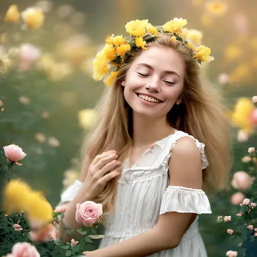 Prompt: A beautiful Dutch girl smelling roses, with her eyes closed as she smiles while in a beautiful flowering field. She wears a white dress, and has a crown of yellow and pink flowers on her head. report shot. Canon with Kodak film. Telephoto --ar 4:6 --(((full body visible))), portrait, photography, detailed skin, realistic, photo-realistic, 8k, highly detailed, full length frame, High detail RAW color art, piercing, diffused soft lighting, shallow depth of field, sharp focus, hyperrealism, cinematic lighting--no ugly, tiling, poorly drawn hands, poorly drawn feet, poorly drawn face, out of frame, extra limbs, disfigured, deformed, body out of frame, blurry, bad anatomy, blurred