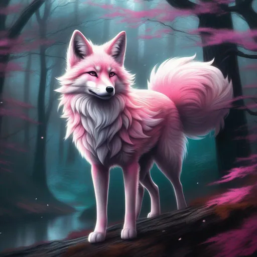 Prompt: (masterpiece, 2D, ultra detailed, epic digital art, professional illustration, fine colored pencil), Adolescent runt ((kitsune)), (canine quadruped), nine-tailed fox, dreamy pink eyes, fuzzy {black-silver} pelt, pointy silver ears, in a large forested clearing, trees tower above her, misty rain, clear puddles on floor, the forest lights up against twilight, possesses ice, timid, curious, cautious, nervous, alert, expressive bashful gaze, slender, scrawny, fluffy mane, {frost} on face, dynamic perspective, frost on fur, fur is frosted, sparkling ice crystals in sky, sparkling ice crystals on fur, sparkling rain falling, frost on leaves, dreamy, melodic, highly detailed character, petite body, large ears, full body focus, perfect composition, trending art, 64K, 3D, illustration, professional, studio quality, UHD, HDR, vibrant colors