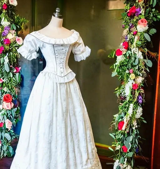 Prompt: photo of an 1880's Prarie wedding dress on a mannequin