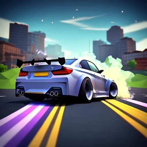 Prompt: drift car with smoke comming from the back tyres view from the back logo mobile game