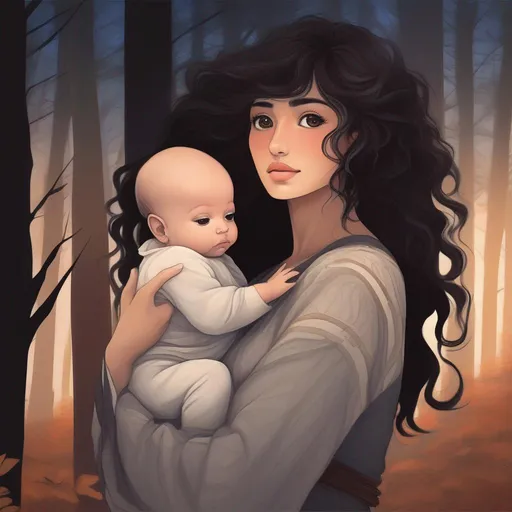 Prompt: highest quality anime art masterpiece, digital drawing, Azerbaijani woman with long black thick wavy messy hair:vistani, carrying a balding bald hairless newborn baby boy in her arms, round face, broad cheeks, sad in a forest on a dark foggy night, big brown eyes, tanned skin:2, waxing moon, huge long wide broad hooked greek aquiline algerian oriental arabic nose, flat chest, ethereal, jewelry set, highres, realistic, highly detailed, fantasy, gypsy, roma, D&D, Ravenloft, by Ilya Kuvshinov