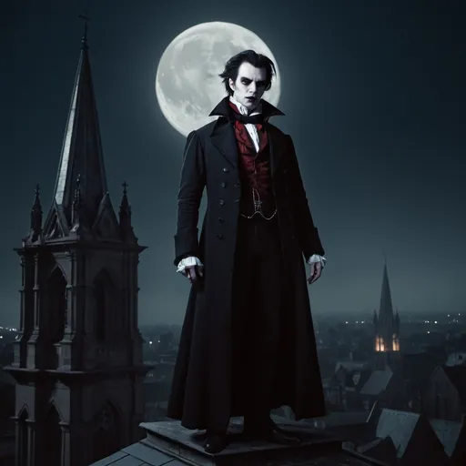 Prompt: A vampire standing on the cathedral's roof in the 1800s at night.