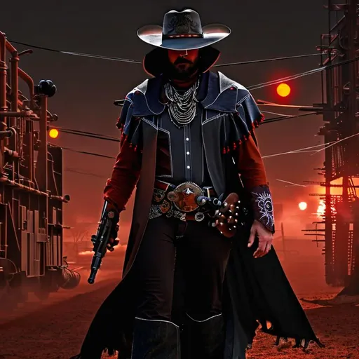 Prompt: Cyber Cowboy with 4 Arms, fiery red Poncho, Dressed in black duster and Stetson Cowboy Hat, with Red eyes, Haunting Presence, Intricately Detailed, Hyperdetailed, Desert Wild West Landscape, Dusty Midnight Lighting, Wild West Feel