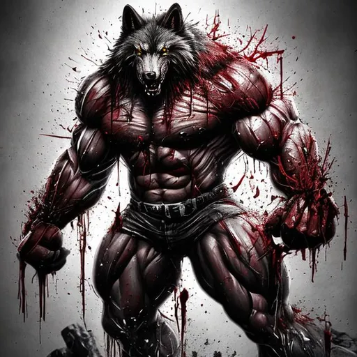 Prompt: ware wolf brutal gruesome blood big muscles
 splash art