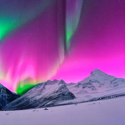 Prompt: pink and green aurora borealis above snowy mountain scene