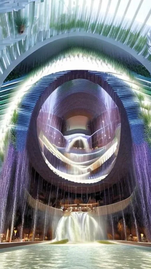 Prompt: 350 meter tall indoor waterwall or waterfall
