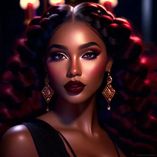 Prompt: black Delilah, burgundy braids, hazel eyes, ruby lips from the bible, seductive ambience, detailed, photo realistic,  lucid dreamin, floaty ambience ,cinematic lighting,  64 K



