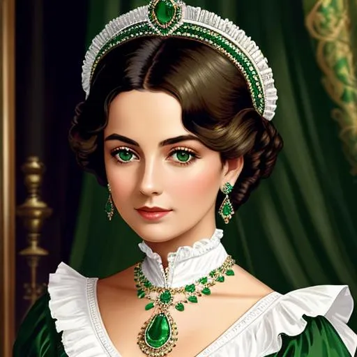 Prompt: Wealthy, stylish lady of the Victorian era, wearing emerald jewelry, wearing green, facial closeup