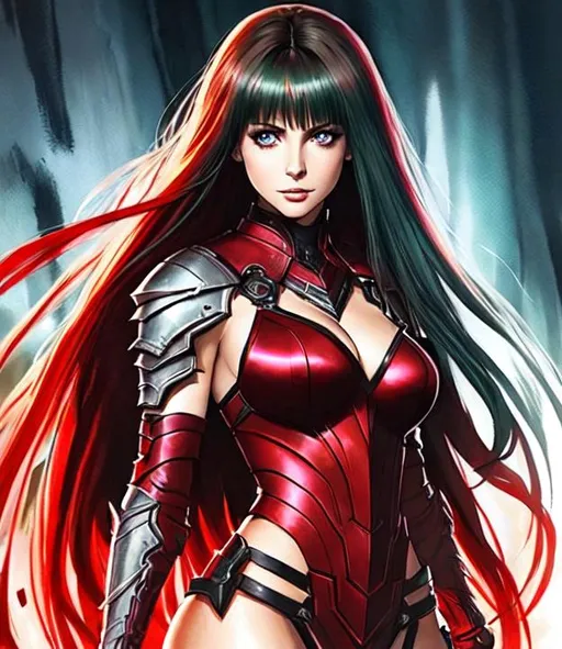 Prompt: Modern movie poster, a Shining Force art watercolor full body concept art with Sarah Michelle gellar, dark green hair, realistic face, in red Demon Artifact armor, parted bangs, brown eyes, ethereal, jewelry set balayage wild hair, royal vibe, highly detailed, digital painting, Trending on artstation , HD quality, tan skin, Big Eyes,artgerm,by Ilya Kuvshinov 