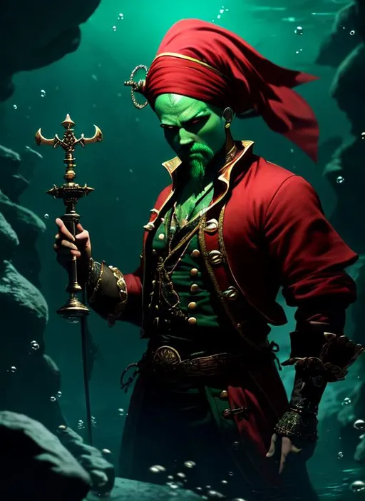 Prompt:  a hyperdetailed drowned, male pirate with no hair, green skin, angry face and red bandana to cover his mouth, holding an serrated dirk,

hyperdetailed clothes,

under water, deep ocean, shipwracks, water bubbles,

petroleum lamp, cinematic lighting, cinematic shadows, less light, silent, dark atmosphere,

album cover art, 128K resolution,