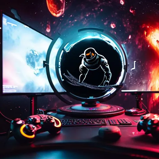 Prompt: blackhole with a gaming setup 