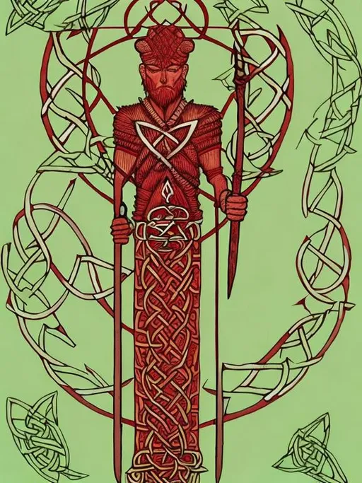 Prompt: Red Celtic warrior, ogham background.