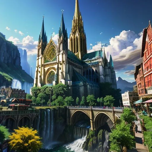 Prompt: a fantasy rpg  cathedral place in a city with a market on the side, cinematic scenery,  (waterfalls in the background, trending by artstation)+++, photorealistic 64k resolution, HDR, epic, expansive, brilliant, stunning, hyperdetailedphotorealistic , ultra detailed, hyperrealistic, surreal, matte painting, unreal engine 5, UHD, first player sight

