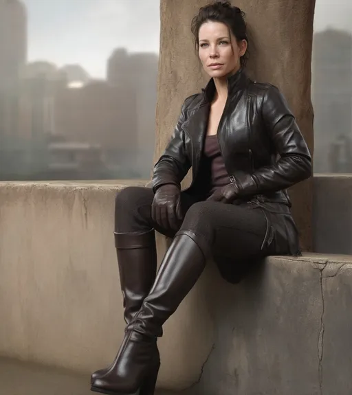 Prompt: photorealistic photo Evangeline Lilly. sitting in leather coat, gloves and boots, detailed face, intricate  leather textures, high-quality, professional, detailed eyes, realistic, polished leather,