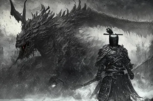 Prompt: HDR, professional, 8k, best version, masterpiece,faceless samurai with black armor black full face helmet black katana standing in the rain Dark art, giant hellish dragon, artstation, hyperdetailed intricately detailed , unreal engine, other wordly, intricate detail, dark colors, 8k, deviantart masterpiece, heavy strokes, doom eternal, standing