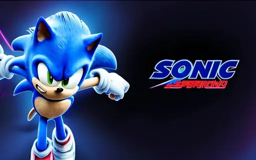 Prompt: sonic corriendo con rayos supersonicos y con el logo de la pelicula