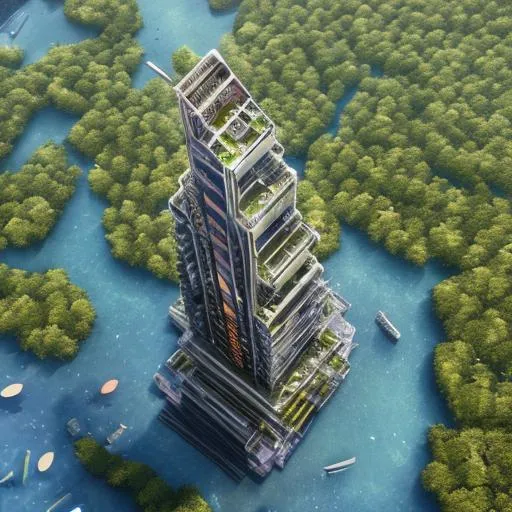 Prompt: aerial view of a giant fish tank shaped like a tower in the middle of new york city, 8k octane render, photorealistic --ar 9:20